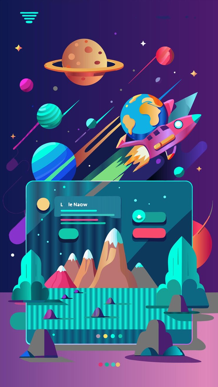 Vector a poster for a planet with a picture of a space ship and planets