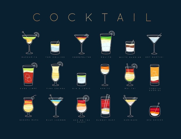 Poster plat cocktailmenu met glas, recepten en namen van cocktaildrankjes