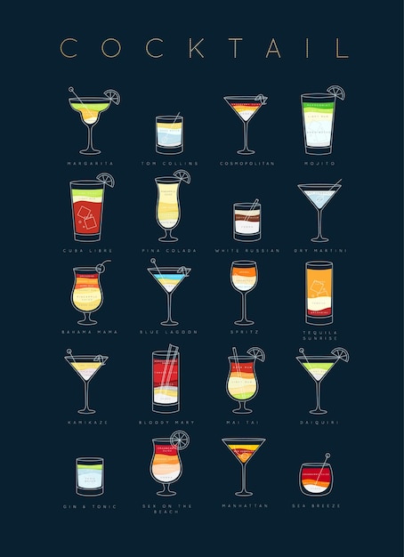 Poster plat cocktailmenu met glazen recepten en namen van cocktaildrankjes