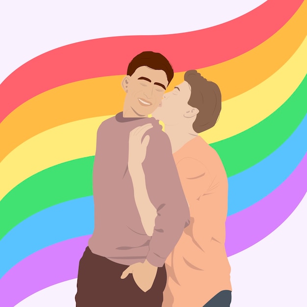 Vector poster for pride month with gay couple and lgbt flag (rainbow) on background