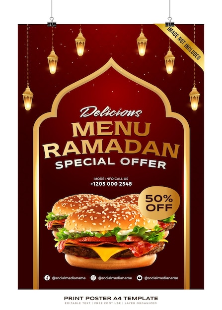 Poster print a4-sjabloon voor promotie ramadan seizoen premium vector