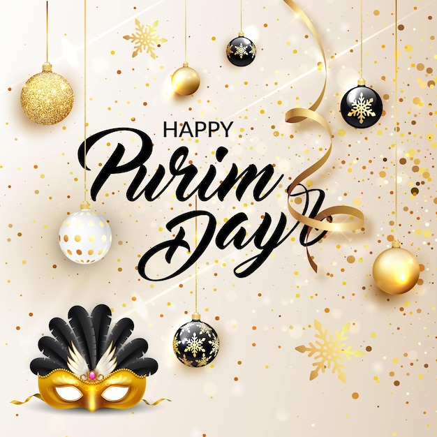 A poster for purim day with a mask and gold and black and gold decorations.