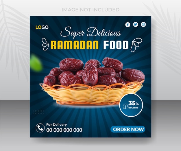 Un poster per il cibo del ramadan con un cesto di datteri.