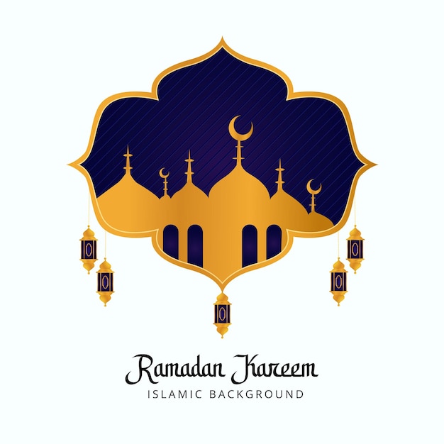 Vettore un poster per ramadan kareem con uno sfondo blu e un disegno dorato.
