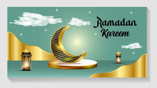 Vector a poster for ramadan kareem with a crescent moon and lights.