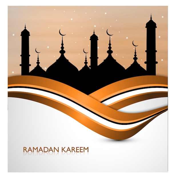 A poster for ramadan kareem with a dark silhouette of a mosque and a white background.