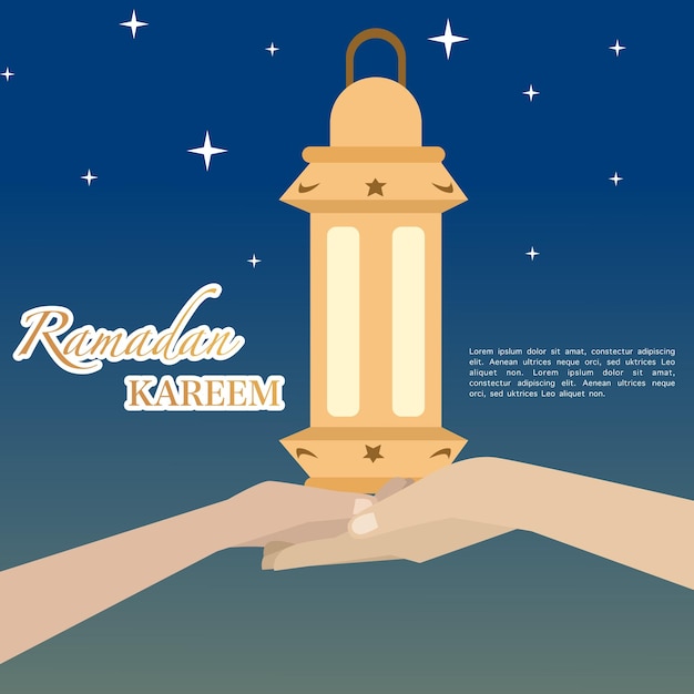 A poster for ramadan kareem with a hand holding a gold lantern Illustration of Ramadan Kareem