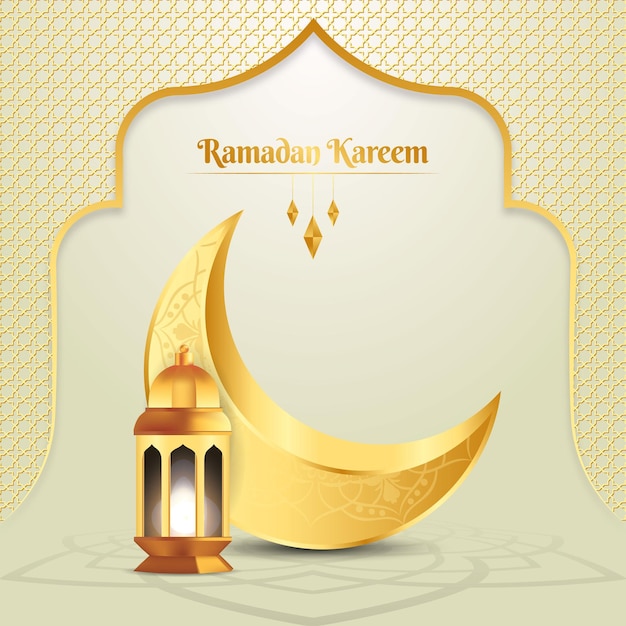 A poster for ramadan kareem with a lantern and a gold frame