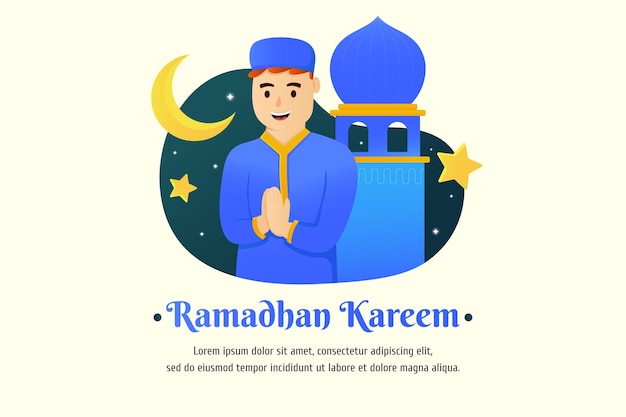 A poster for ramadan kareem with a man in front of a mosque.