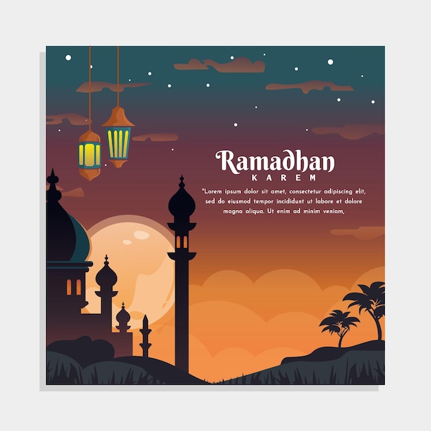 A poster for ramadan kareem with a mosque in the background.