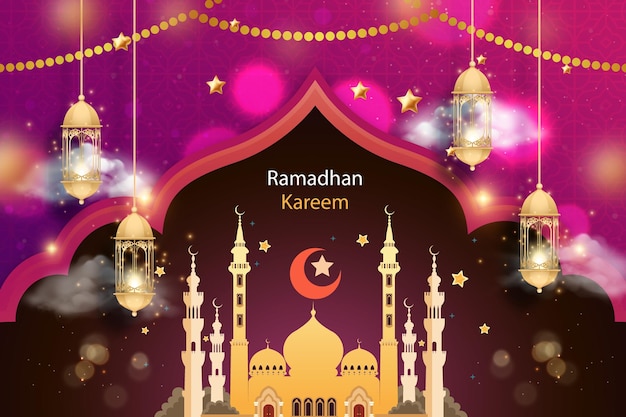 A poster for ramadan kareem with a mosque and lights.