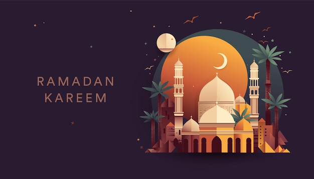 A poster for ramadan kareem with a mosque and a moon.