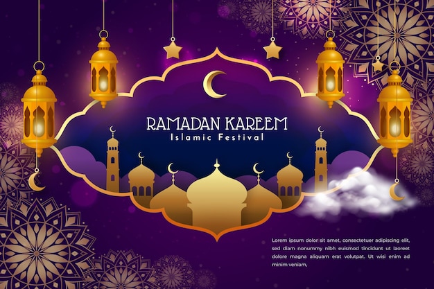 Un poster per ramadan kareem con l'immagine di una moschea e stelle.