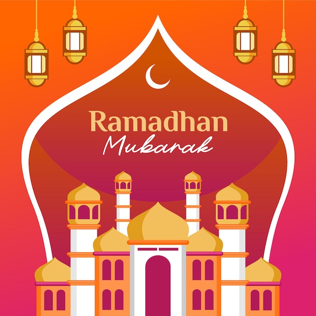 A poster for ramadan mubarak with a mosque and a lantern.