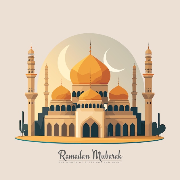 A poster for ramadan mubarak with a mosque and the words ramadan mubarak.