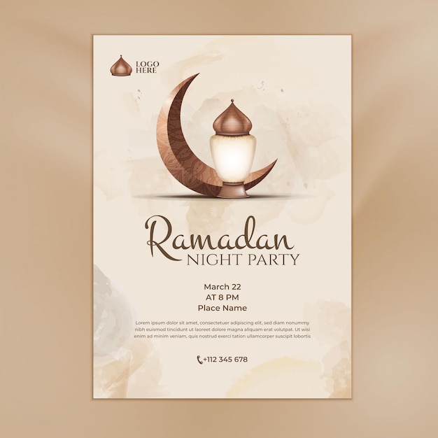 A poster for ramadan night party with a crescent moon and lantern