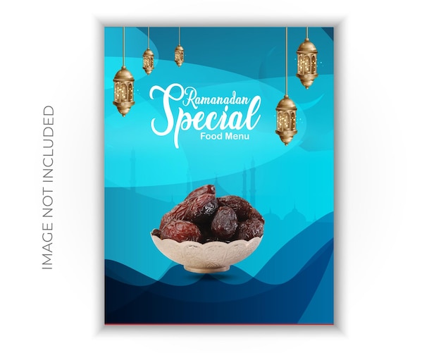 Vettore un poster per il menu speciale del ramadan con uno sfondo blu.