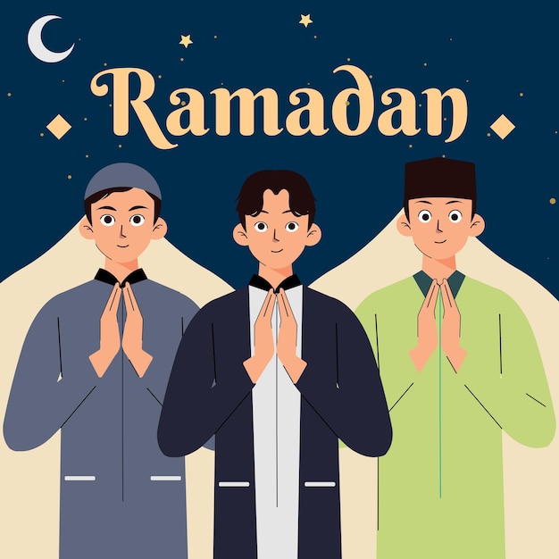 Плакат для рамадана с тремя мужчинами, стоящими перед ночным небом.
