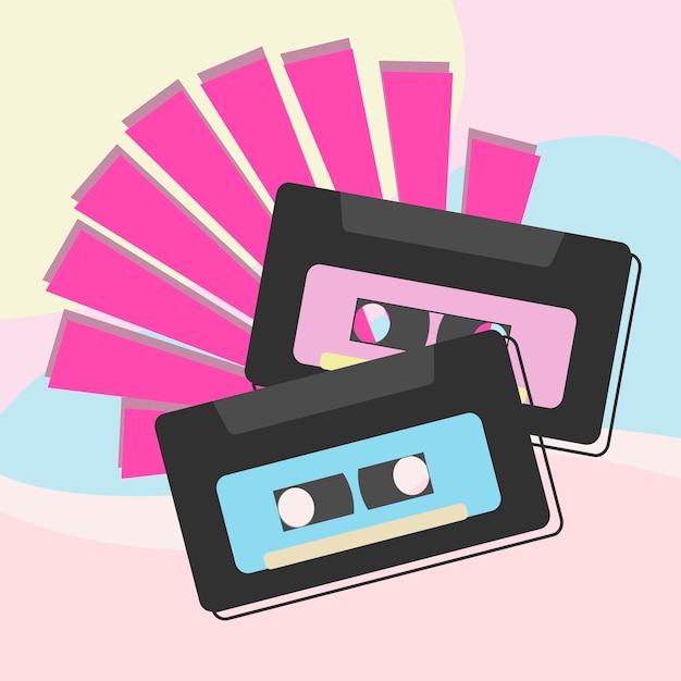 Poster in retro style with pink and blue cassettes on background with geometric figures