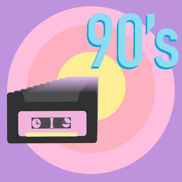 Poster in retro style with pink cassette and blue title 90's on colored background with pink, yell