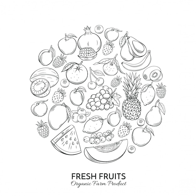 Poster round composition with hand drawn fruits