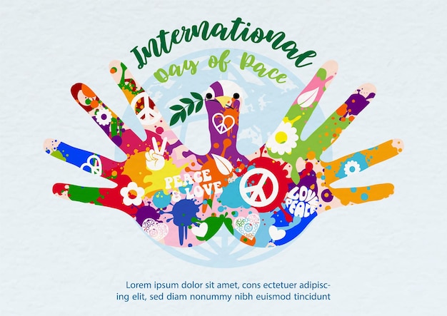 Poster's concept of peace da in human hands shape with colors and peace icon in flat style