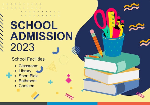 A poster for a school admission with a stack of books and pencils.