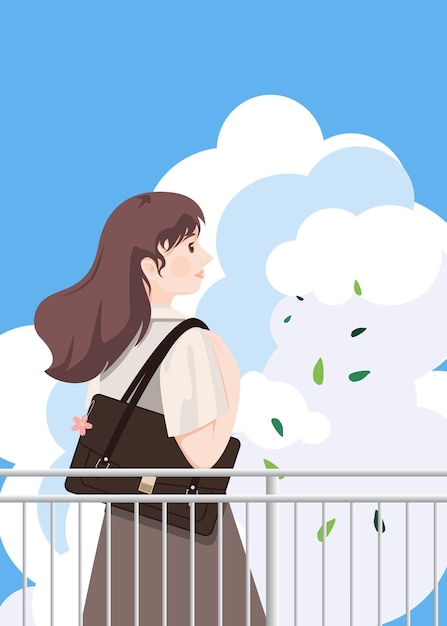 a poster of school girl with some clouds in the background