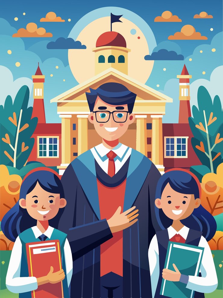 Vector a poster for a school with a man and two children