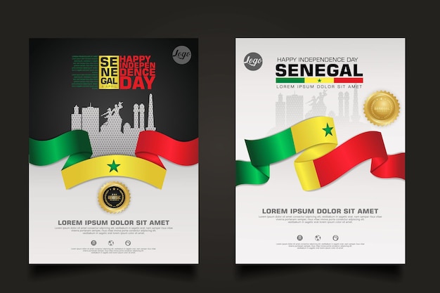 Poster senegal happy republic day-sjabloon instellen met elegante lintvormige vlag