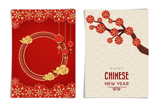 Vector poster set for chinese new year translated vector illustration asian clouds lanterns gold pendant