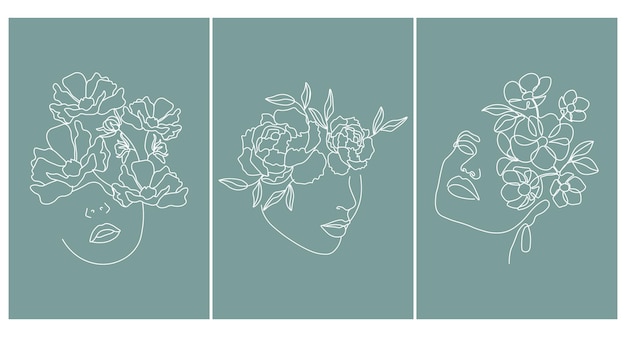 Poster set contour portraits of female faces with flowers White outline on emerald background