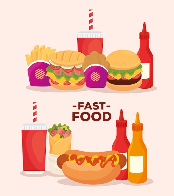 Vector poster, set of delicious fast food