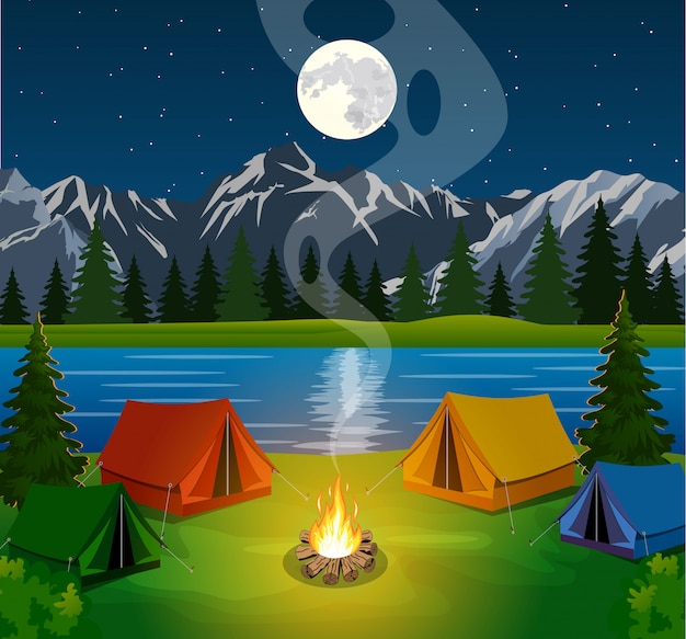 Vector poster showing campsite with a campfire