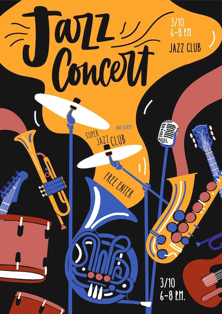 Poster sjabloon voor jazzmuziek orkestprestaties, festival of concert met muziekinstrumenten en belettering. illustratie in eigentijdse vlakke stijl voor evenementpromotie, advertentie.