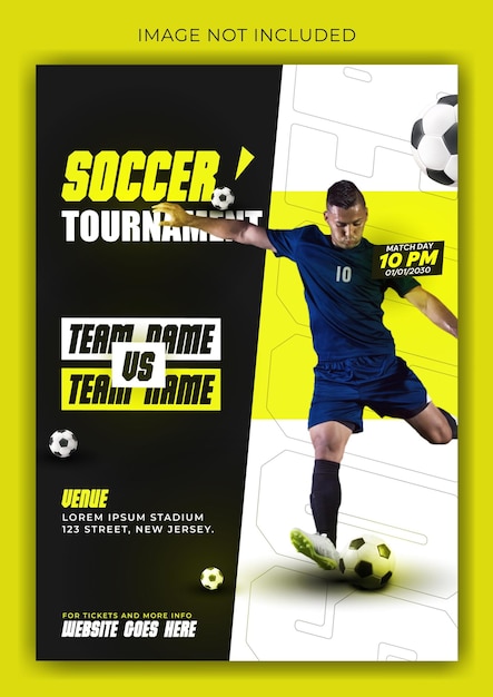 a poster for soccer league shows a soccer player wearing a blue jersey