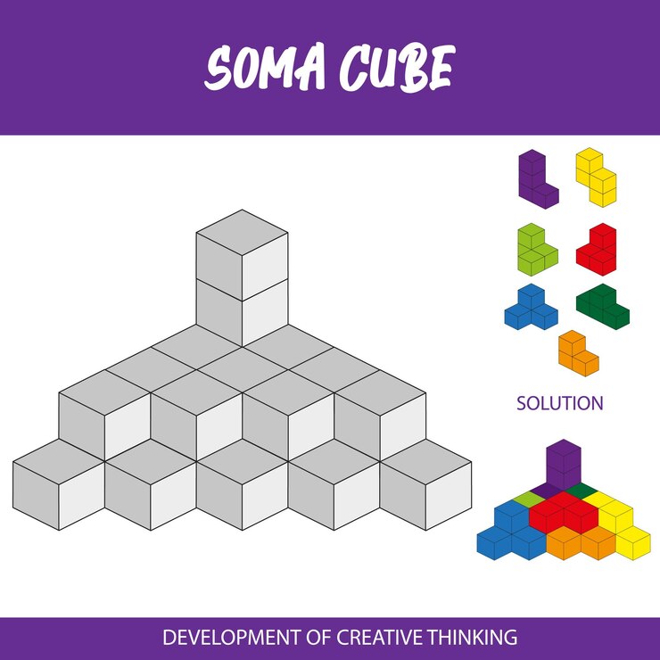 Vector a poster for soma cube shows a cube and solution.