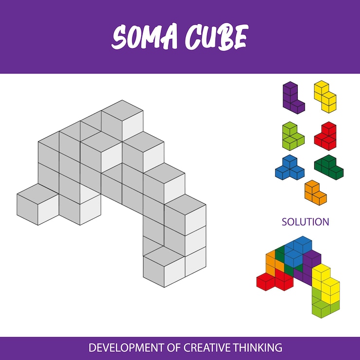 Vector a poster for soma cube shows a cube and solution.