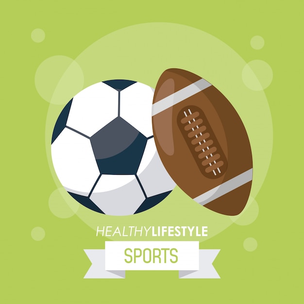 Poster of sports with balls of soccer and american football