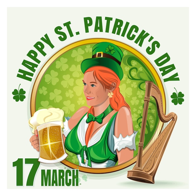 Vector poster for st patricks day with a beautiful redhaired girl with a large mug of beer