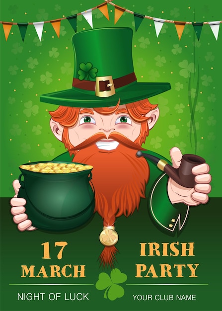 Poster for St Patricks Day with leprechaun 17 March Irish Party Cheerful leprechaun with a pot of gold Vector illustration