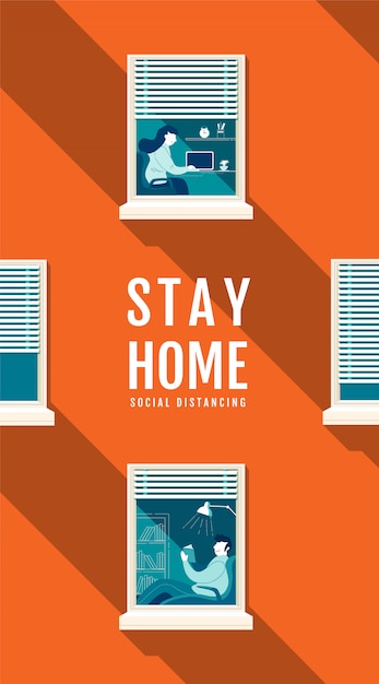 Плакат stay home social distancing concept, защита от вируса covid-19, люди остаются дома, иллюстрация