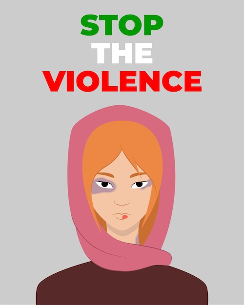 벡터 포스터 폭력을 중지합니다. 멍이 있는 여자. 이란 시위. 자유. 폭력을 중지합니다. 빨간 머리 여자