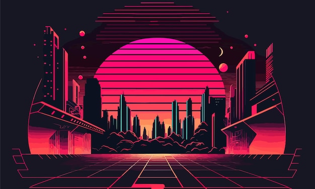 Poster nello stile degli anni '80 stile retrò neon cyberpunk paesaggio futuristico notte città gioco rocce grattacieli futurismostreet design luminoso concetto di creatività illustrazione vettoriale