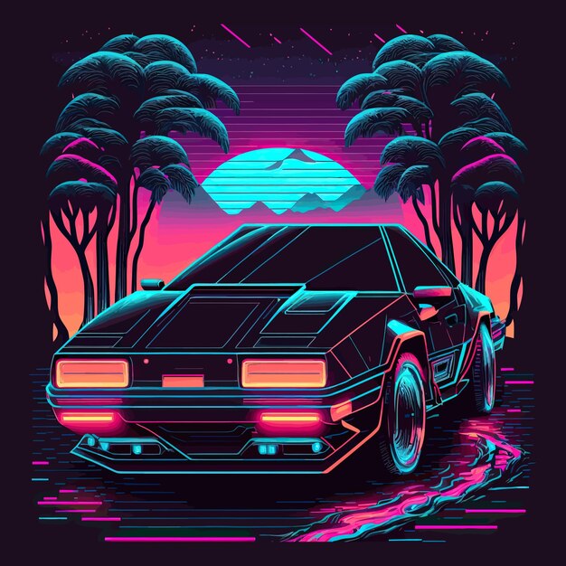 Poster in the style of the 80s with a futuristic car cyberpunk neon Generative AI futuristic sports carmoon landscape beach game trees bright design creative concept vector illustration