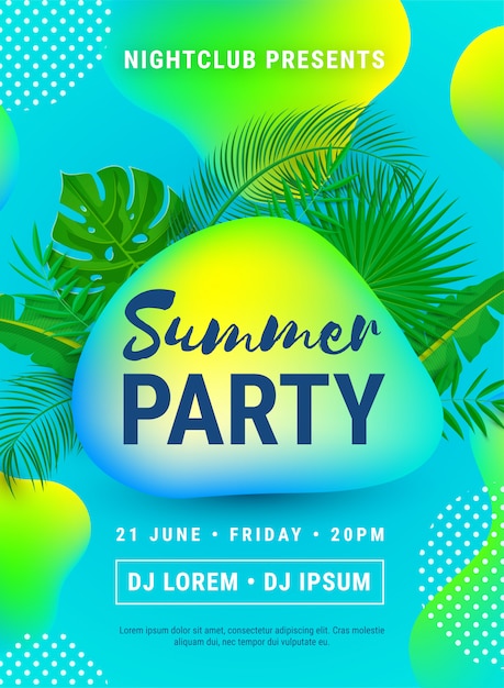 Poster summer beach party. uitnodiging flyer sjabloon met palmbladeren en abstracte neon vloeibare vormen.
