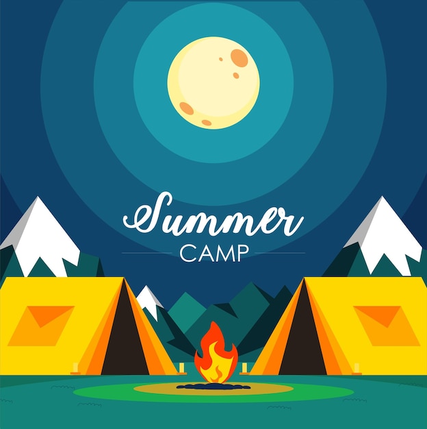 A poster for summer camp with a campfire and mountains in the background.