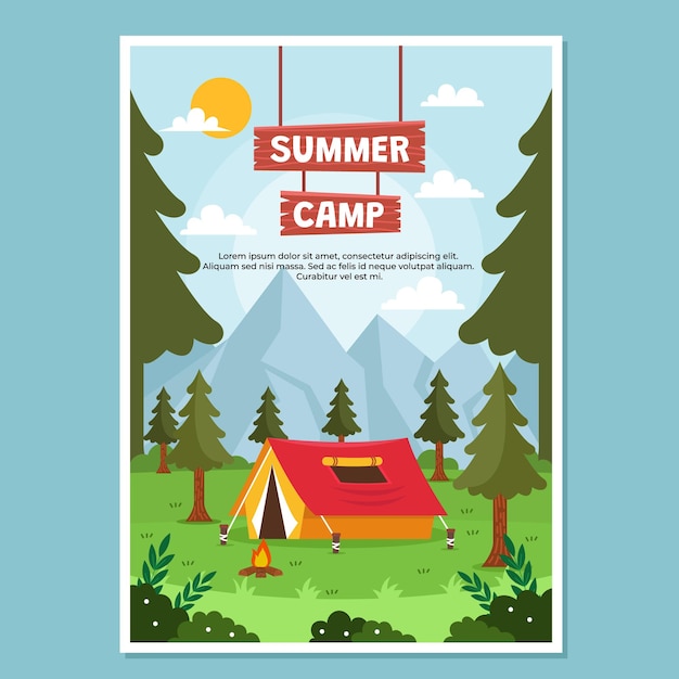 a poster for summer camp with a tent on the top