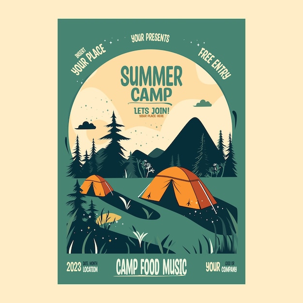 Vector a poster for a summer camp with two tents and the moon in the background.