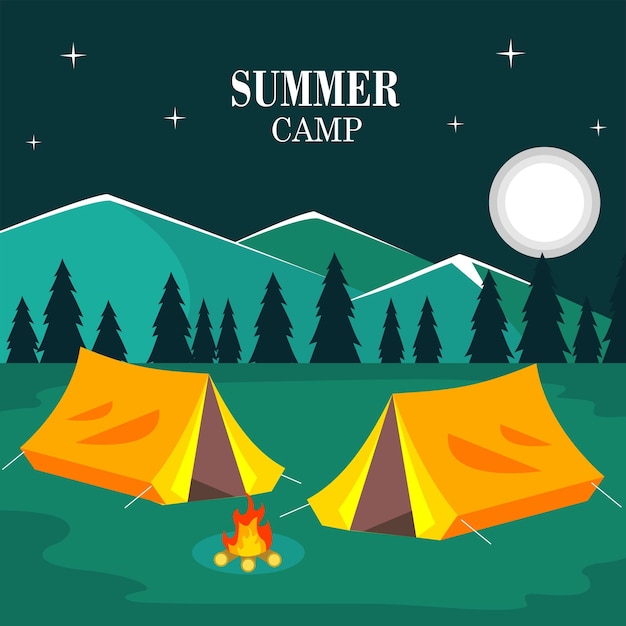 A poster for a summer camp with two tents and the moon in the background.